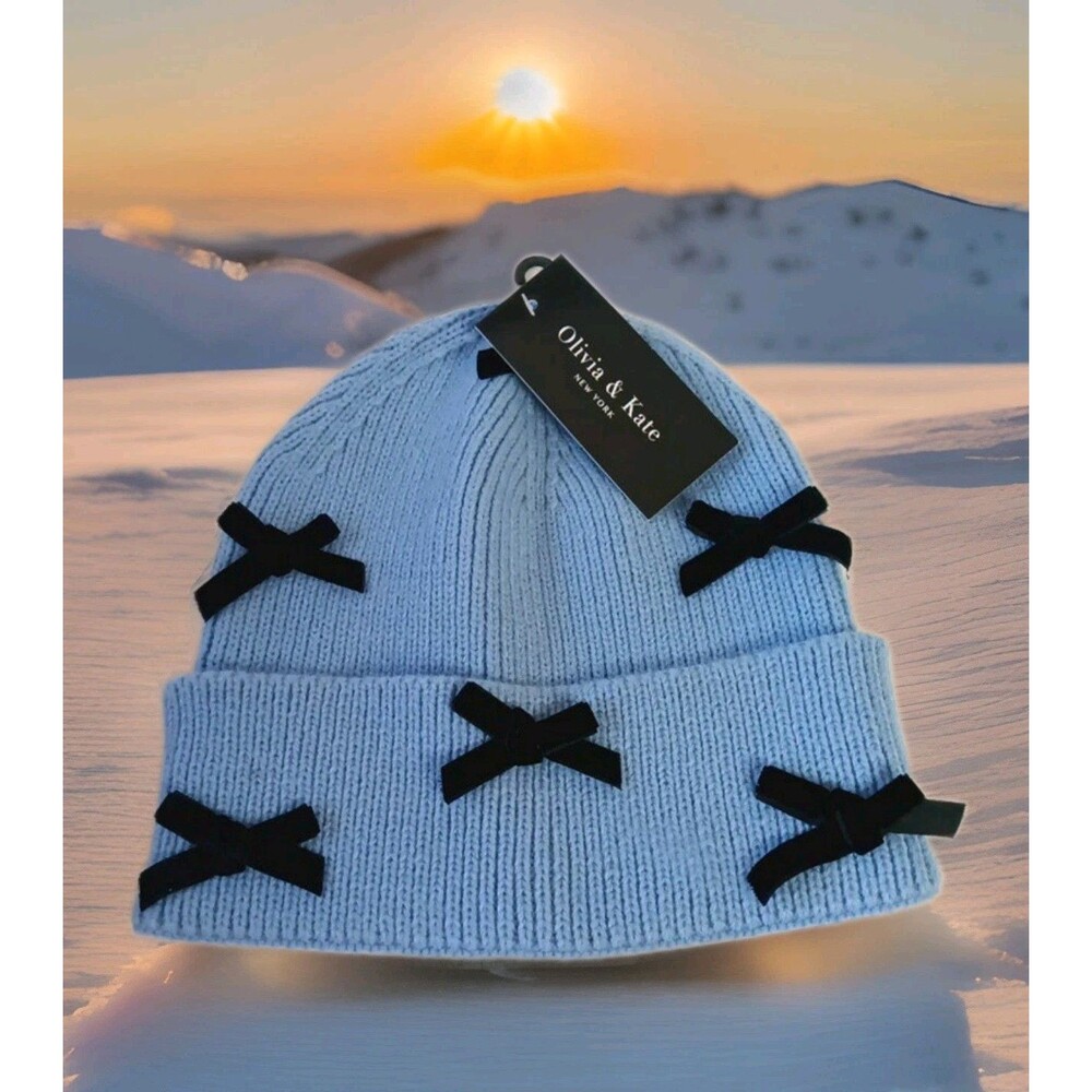 Olivia & Kate New York Women’s Blue Beanie With Black Bows NWT